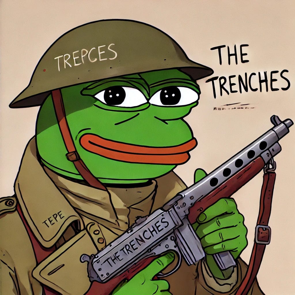 A Pepe frog holding a gun with the words 'The Trenches' written on it. The frog has a determined expression and the background is a simple, muted color to keep the focus on the character. The gun looks exaggerated and cartoonish to keep the meme style intact.