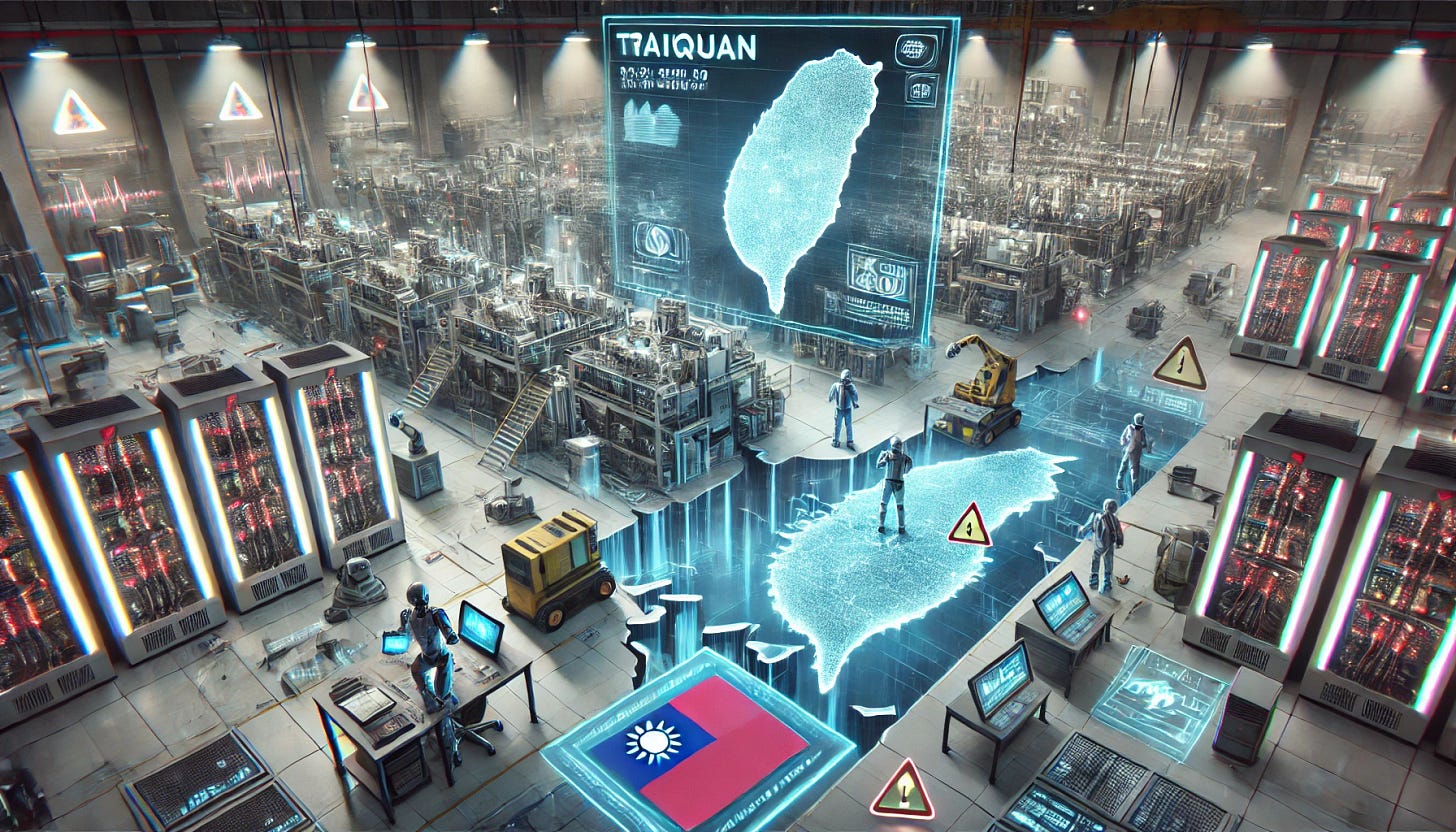 A 16:9 illustration depicting the potential impact of an earthquake in Taiwan on chip manufacturing lines. The scene features a semiconductor fabrication facility with visible cracks in the ground and disrupted equipment. Robots and engineers are seen assessing the damage, while holographic displays show warning signals and production delays. The background includes a subtle Taiwan map with seismic activity indicators. The atmosphere conveys urgency and the fragility of the global chip supply chain, emphasizing the potential consequences of such an event.