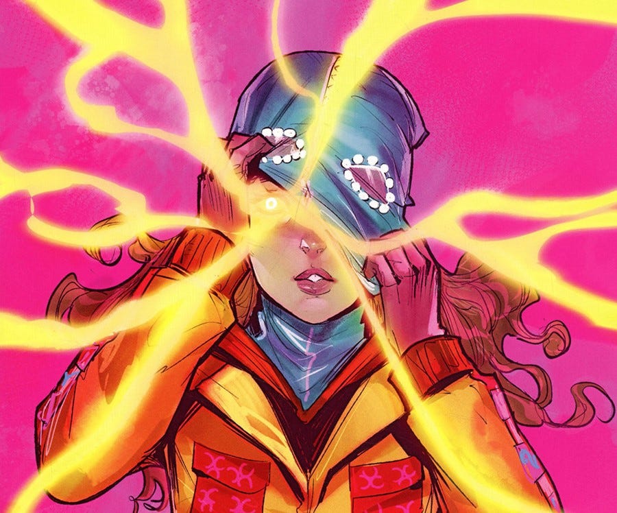 M.O.M.-Hauptfigur Maya Kuyper in ihrem orange-blauen Superheldinnen-Anzug vor pinkem Hintergrund. Ihre blaue Maske/Mütze hat sie halb abgestreift, ein Auge ist zu sehen. Aus diesem schießen gelbe Energieblitze in alle Richtungen. Maya macht ein fragend-ängstliches Gesicht.