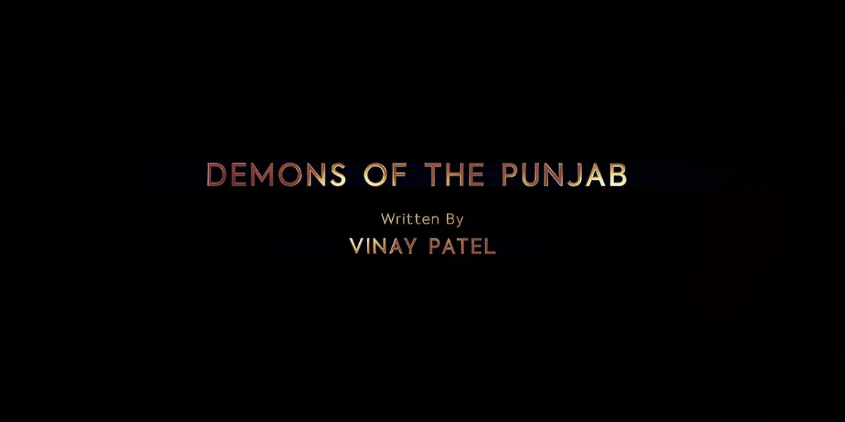 This image shows the title card of "Demons of the Punjab" (Doctor Who Series 11's sixth episode). Vinay Pitel's writing credit appears below the episode's title. All words appear in reddish-golden letters.