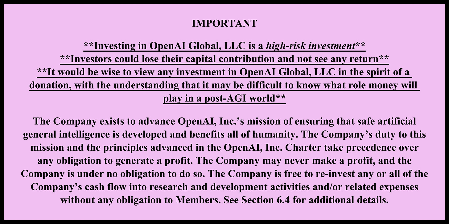 Black text on a pink rectangle, listing a legal disclaimer from OpenAI