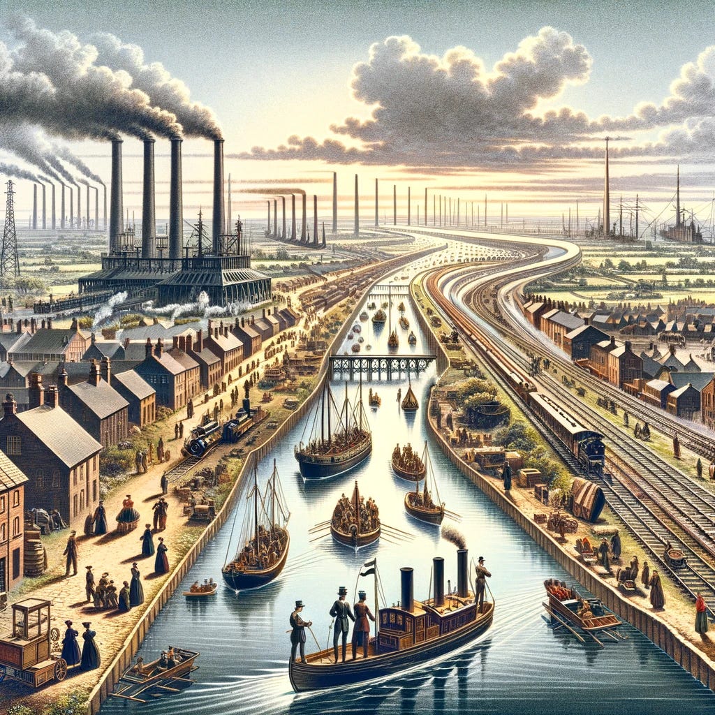 This illustration will focus on the development of essential infrastructure and connectivity during the Industrial Revolution, such as canals, railways, and telegraph networks. It will depict a panoramic view of the era's landscape, featuring these key advancements that supported further innovation. Canals are shown bustling with barges, railways with steam locomotives, and telegraph poles stretching across the scene, symbolizing the era's leap in efficient movement of goods and information. The setting is dynamic, with people actively engaging in commerce and communication, illustrating the interconnectedness and growth brought about by these infrastructural developments.