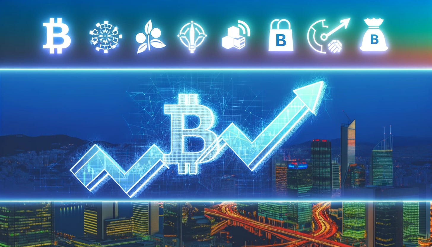 Create a horizontal rectangle image illustrating the narrative of Bitcoin nearing a peak with an optimistic and futuristic vibe. Include visual elements representing the S&P 500's five biggest stocks, symbolized by icons or abstract representations of technology, healthcare, consumer goods, finance, and energy sectors. Additionally, integrate a graphical representation of a new BTP (Italian government bond) issuance, showing a rising trend to indicate value increase. The overall scene should convey a sense of growth, innovation, and financial prosperity, blending traditional investment forms with modern cryptocurrency trends.