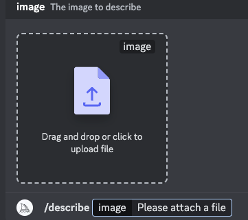 Midjourney's /describe feature example showing the step to upload an image.