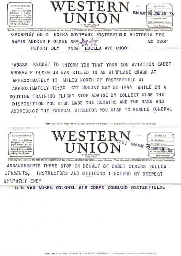 scan of a Western Union telegraph with notification that an aviation cadet had been killed in a plane crash on May 22, 1944.