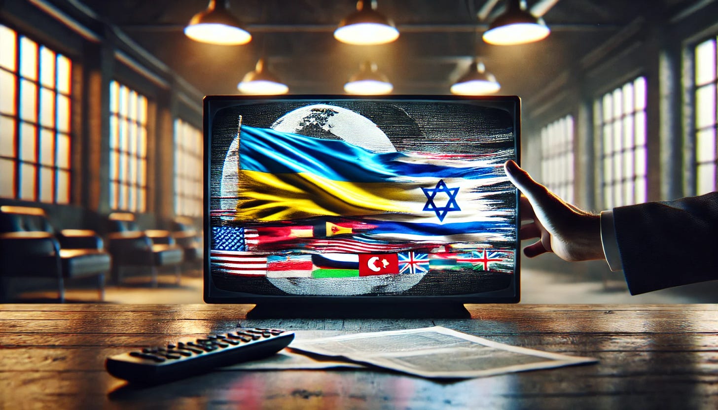 A realistic image of a television screen showing a distorted or blurred news broadcast symbolizing misinformation and biased media coverage related to global conflicts, prominently featuring subtle but clear representations of Ukrainian and Israeli flags. The visuals should indicate confusion and distortion, clearly visible without any human hands or figures present. The setting should be dramatic, serious, and realistic, highlighting the seriousness and gravity of media-driven misinformation.