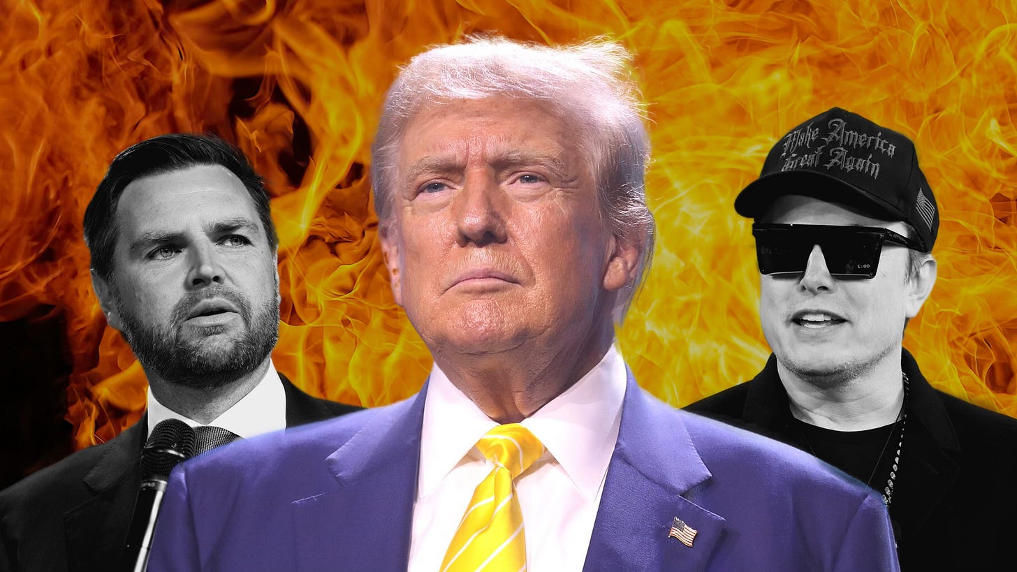 Donald Trump, JD Vance, and Elon Musk on a background of fire