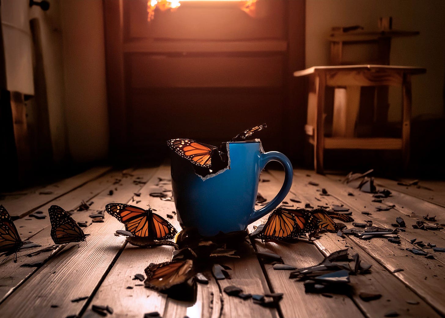 surreal image of scattered Monarch butterfly wings amidst broken blue pottery mug 