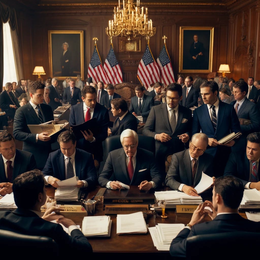 A group of politicians and lobbyists in a formal meeting room. The politicians are dressed in suits and ties, some with name tags, while the lobbyists are also in professional attire, holding briefcases and documents. The setting is a grand, wood-paneled room with a large table, ornate chandeliers, and American flags in the background. The atmosphere is tense and serious, with people engaging in intense discussions and negotiations.