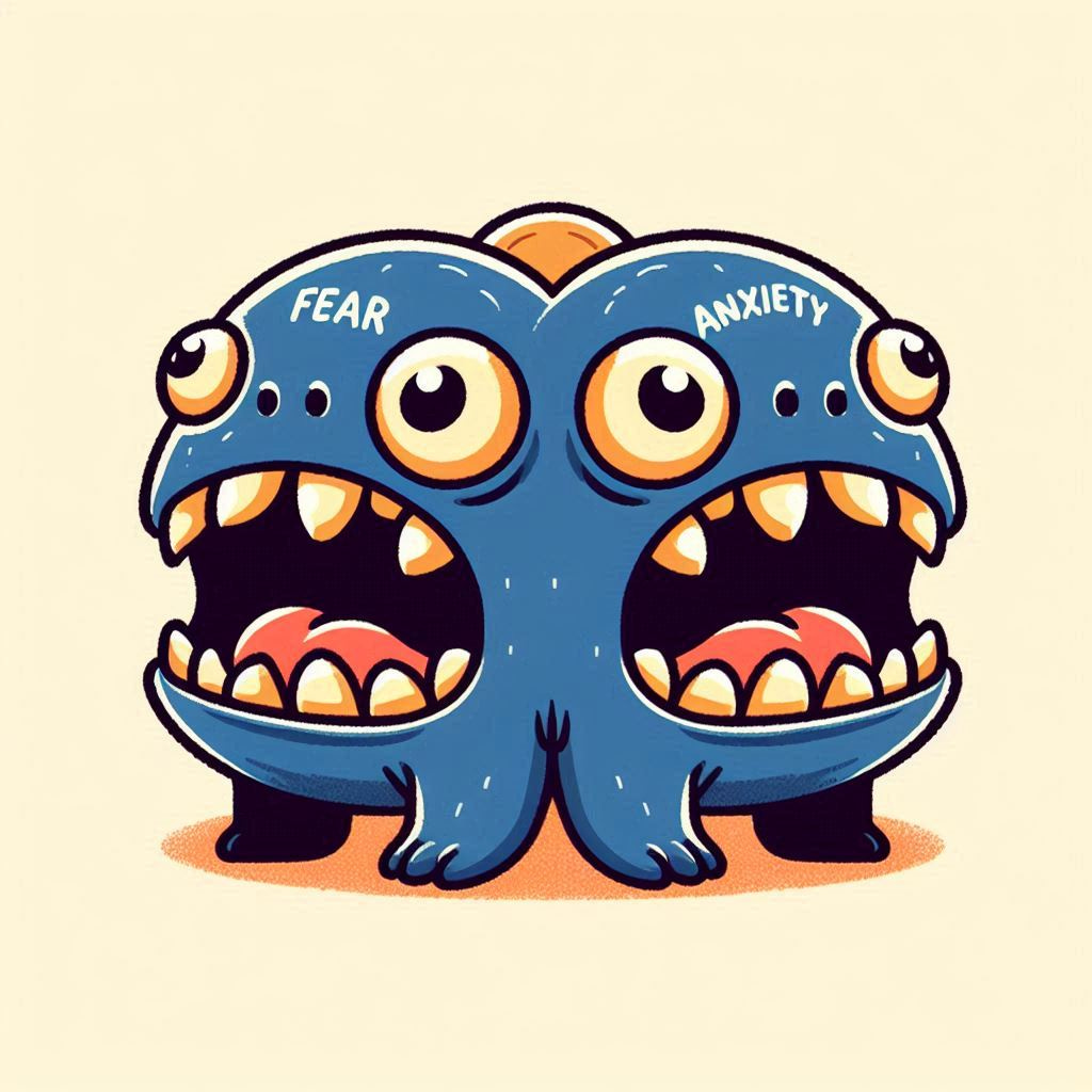 a cartoon twin-headed beast. The heads are labelled fear and anxiety.