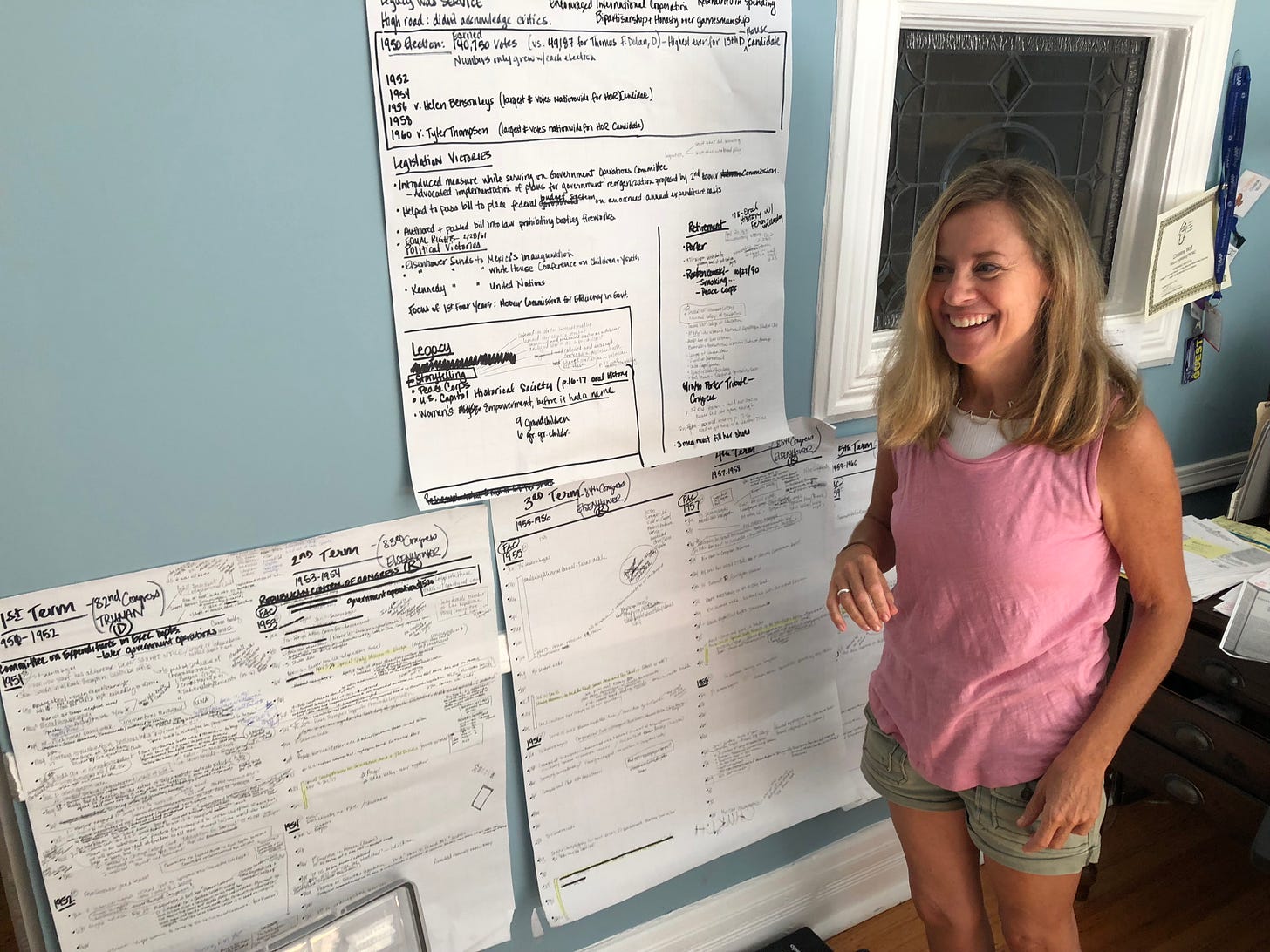 A blonde woman in a pink sleeveless shirt and shorts stands in front of papers taped to a blue wall.