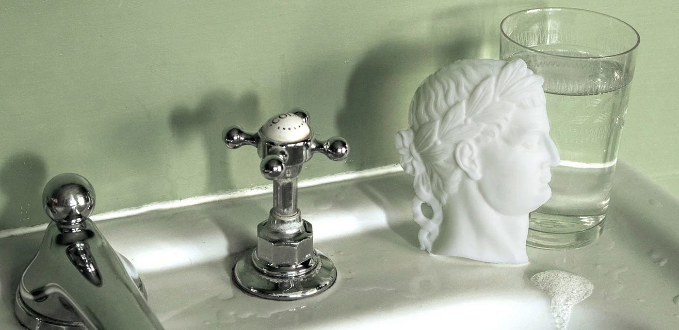 Next to the on/off knob of a sink is a white bar of soap carved to look like a bust of Vespasian. It’s leaning on a glass of water.