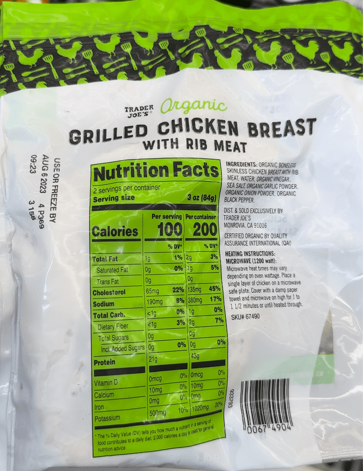 nutrition facts for trader joes organic grilled chicken 