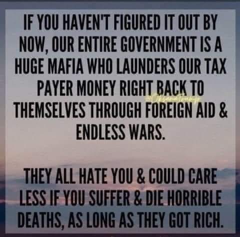 May be an image of money and text that says 'IF YOU HAVEN'T FIGURED IT OUT BY NOW, OUR ENTIRE GOVERNMENT ISA HUGE MAFIA WHO LAUNDERS OUR TAX PAYER MONEY RIGHT BACK TO THEMSELVES THROUGH FOREIGN AID & ENDLESS WARS. THEY ALL HATE YOU & COULD CARE & DEATHS,'