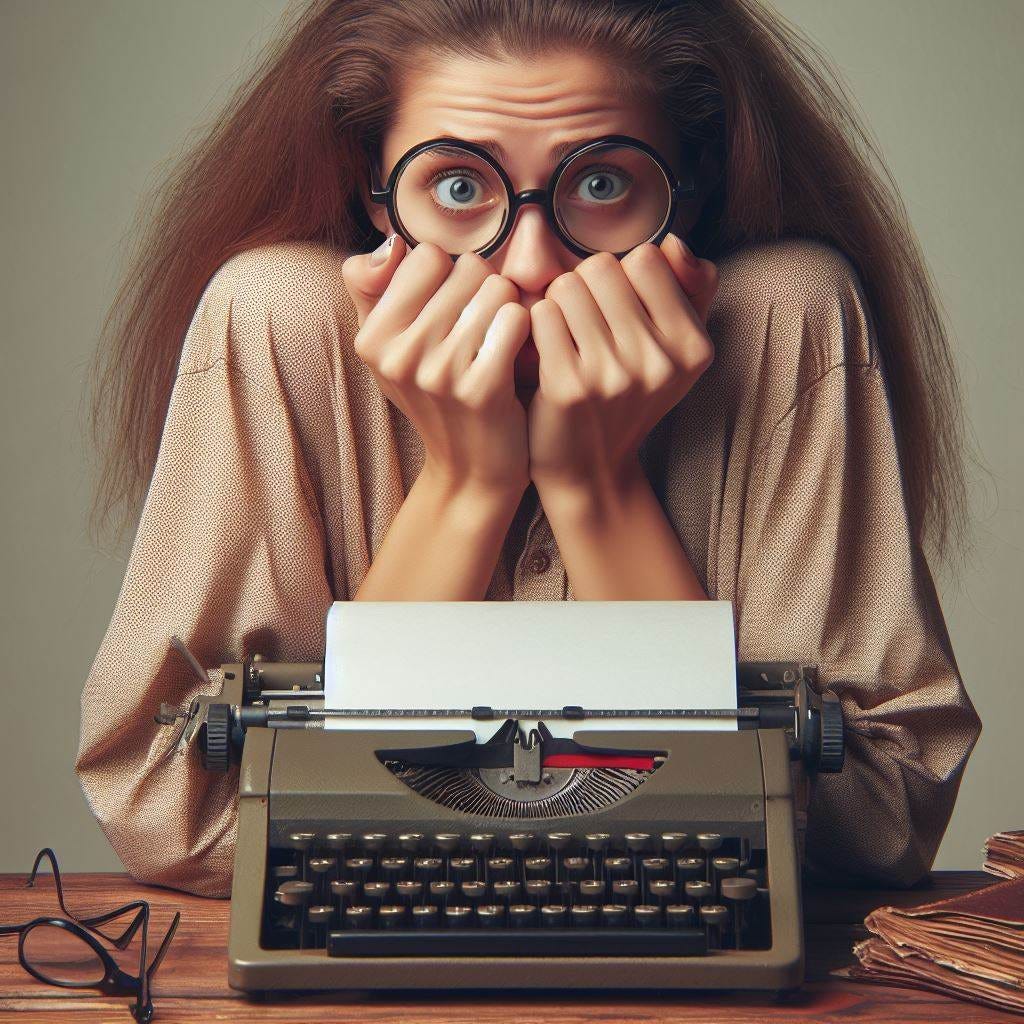 mulher tímida esquisita de óculos usando a máquina de escrever