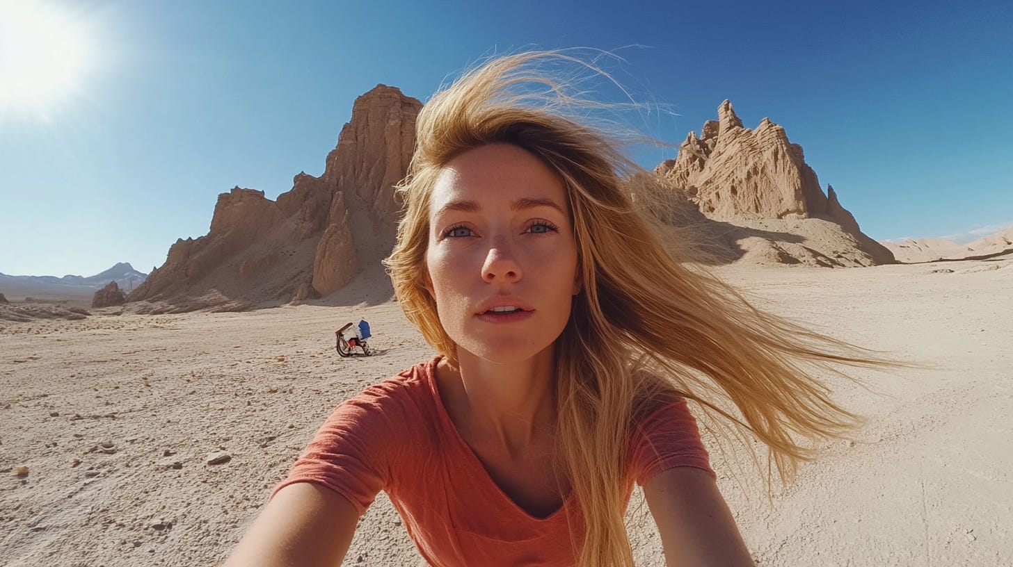 A woman recording herself in the desert. 