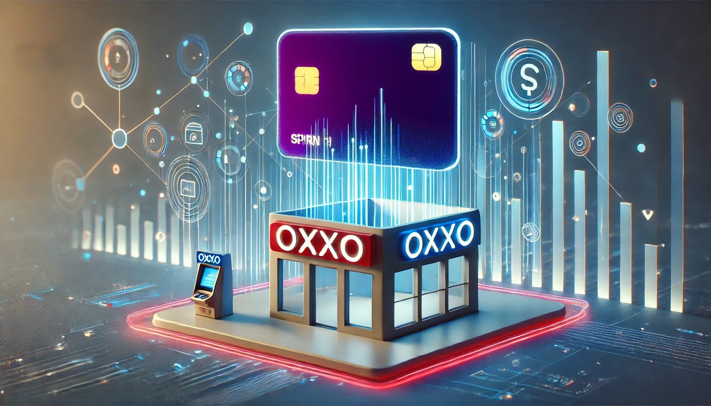 A futuristic 3D minimalistic illustration of a digital bank emerging from an OXXO store. The OXXO storefront is modern and sleek, with glowing digital payment icons floating around it, representing financial inclusion and digital banking. A large, stylized purple bank card, resembling Spin by OXXO, hovers above the store, symbolizing the transition to a full financial ecosystem. The color palette is vibrant, with blue, red, and yellow tones reflecting technology and innovation. The background features a dynamic financial graph indicating growth and expansion.