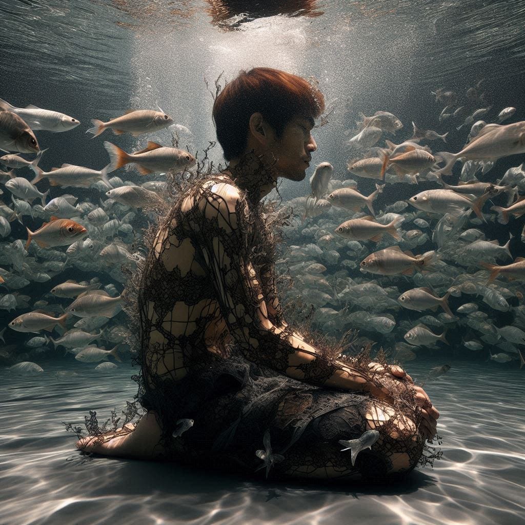 inside clear water full of fish ; tiltshift/ 5d angle glass embedded Carla caves / Broken into fragments/ pieces/Dark Haired, Plus Sized Asian  in front of Carla caves / in olive,ivory, chartrues, lace made of black water in resin/He is full of love. coral orange, pink, cream, olive address/ reverberating waves. black hole/ water in resin verdigris/ In the style of Michael Parkes. black etching/ black linework/ black sky