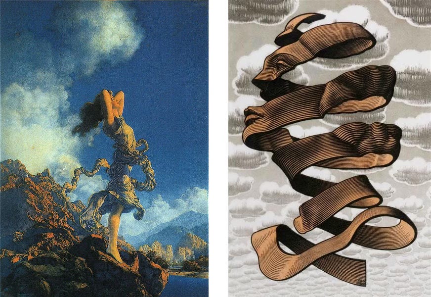 LEFT: Standing on rust colored rocks, a woman flips back her hair and catches the warmth of sunlight as she stands with elbows up and hands propped behind her head. Her dress seems alive with motion as a sash of bunched cloth spirals around her. Clouds part in the azure sky to frame her from behind in a large "C" of puffy white while the sky in front of her is untouched blue.  RIGHT: The contour of a woman's face forms in abstract from a brown ribbon that wraps loosely with space in between showing through to a background formed from individual clouds. On one segment, her eye and nose in profile are rendered. We can see the inside of the ribbon as it wraps around and forms her lips and chin. The overall shape is loosely the outline of her head.