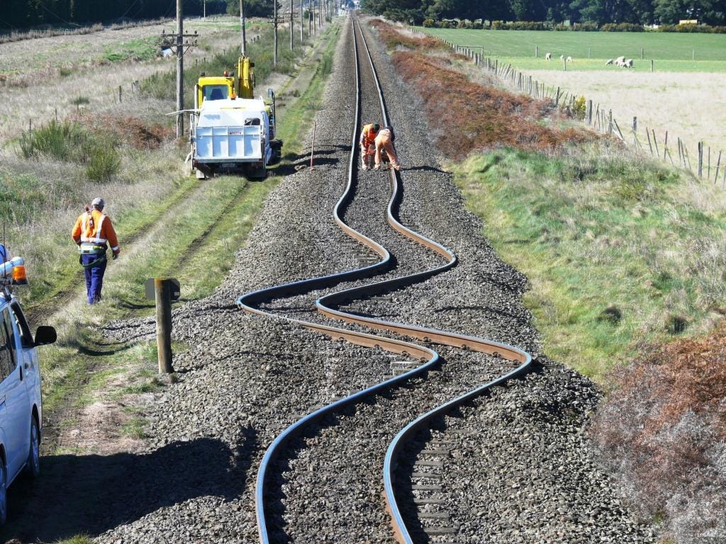 Bent railway tracks from Christchurch earthquake]