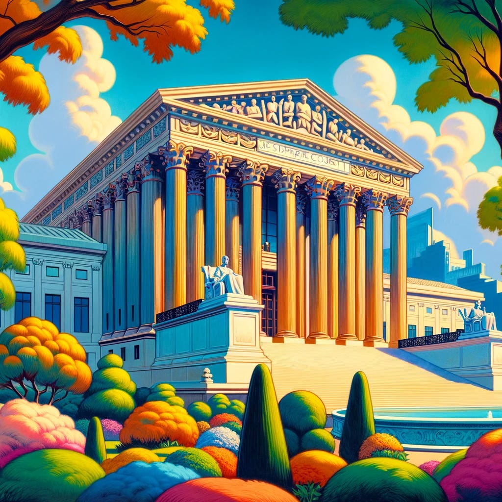Reimagine the US Supreme Court Building in a 1930s cartoon style, focusing on a more stylized and colorful depiction without anthropomorphic features. Emphasize the building's grandeur with exaggerated architectural elements, such as towering columns and an ornate facade, but use a palette of vibrant, saturated colors to bring the scene to life. The environment should be equally lively, with stylized, colorful trees and bushes, and a sky painted in bright, cheerful hues. This interpretation should convey the majesty of the building in a whimsical, yet respectful manner, making it pop with color and style, while keeping the building's dignity intact.