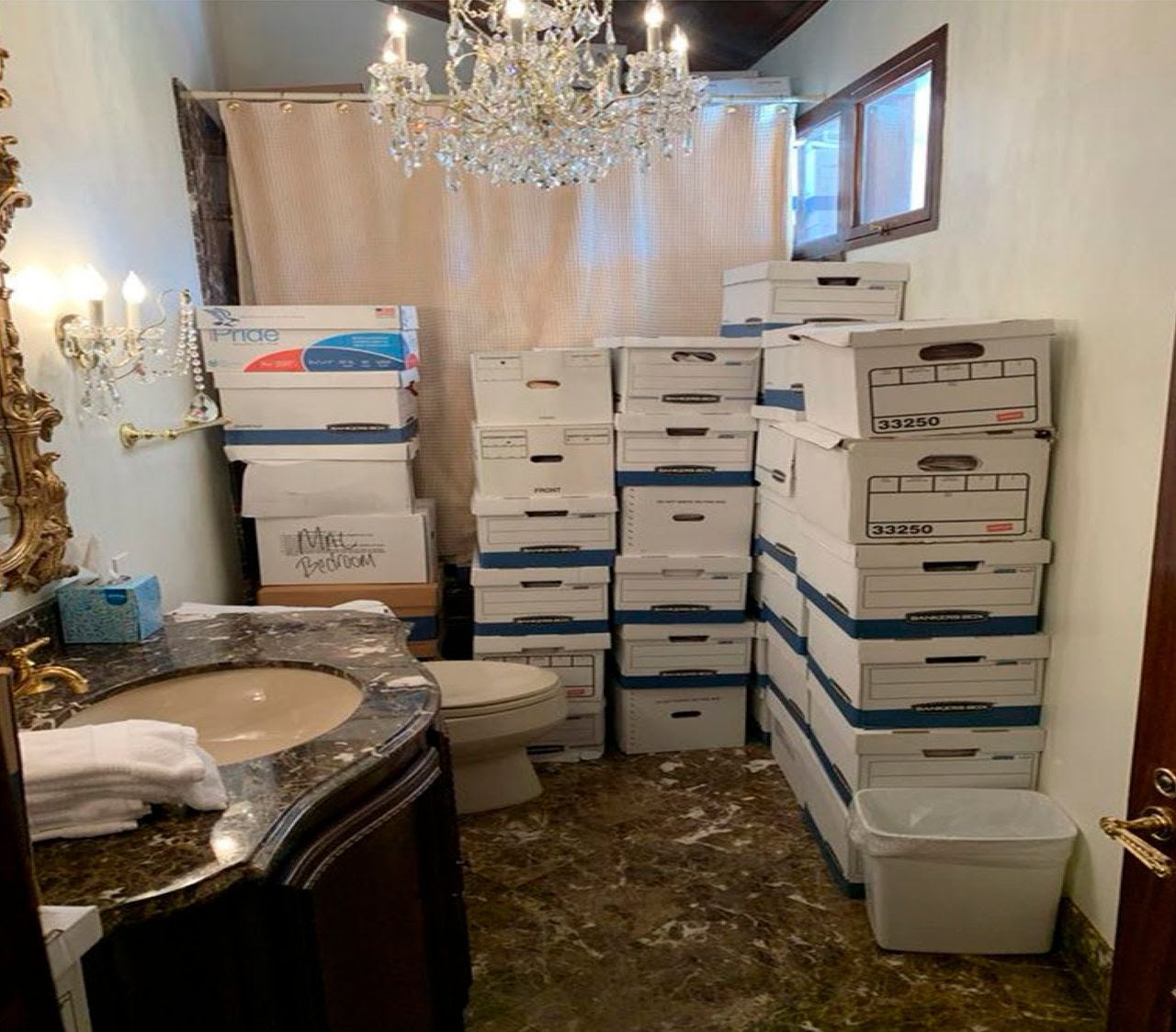 Boxes of records stored in a bathroom and shower in Mar-a-Lago in Palm Beach, Fla. (Justice Department/AP)&nbsp;