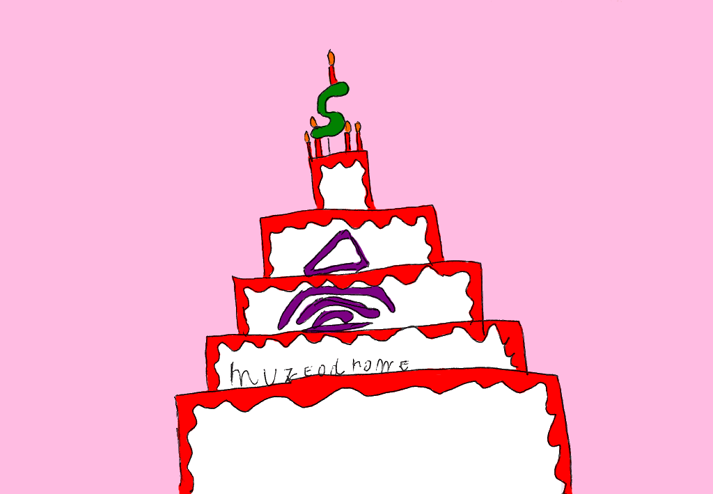 Le gâteau d’anniversaire des 5 ans de muzeodrome dessiné Saul (9 ans et demi).