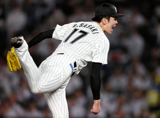 Roki Sasaki of Chiba Lotte Marines throws in the 1st inning against Fukuoka SoftBank Hawks during the Pacific League Climax Series first stage game...