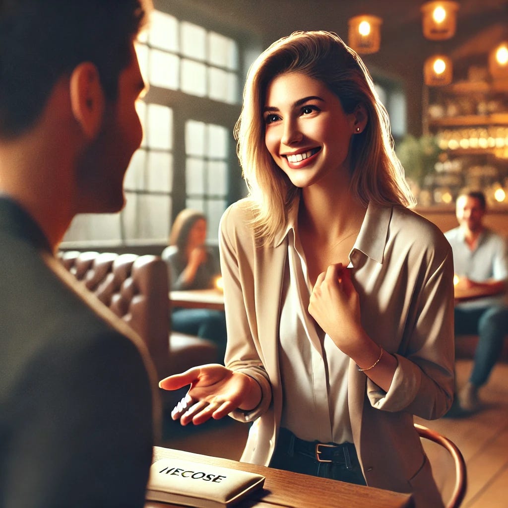 A photorealistic image of a confident woman asking a man out on a date in a cozy café. She is smiling warmly, gesturing towards herself or the door as if inviting him somewhere, and making clear eye contact. The man looks pleasantly surprised, slightly taken aback but happy. The setting has soft lighting, warm tones, and a relaxed atmosphere, with a blurred background of other patrons enjoying their time. The scene evokes a hopeful and lighthearted feeling, making it clear that the woman is initiating the date invitation.