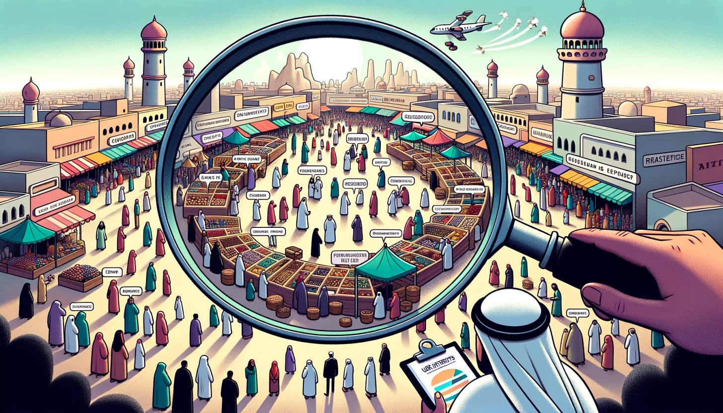 Cartoon-style illustration of a busy marketplace with a diverse group of people buying and selling. From the sky, a giant magnifying glass focuses on the heart of the market. Through its lens, the crowd is organized into distinct zones, each labeled with terms like 'User Interests', 'Purchase History', and 'Feedback'. A user researcher of Middle Eastern descent watches the scene, clipboard in hand, analyzing the data.