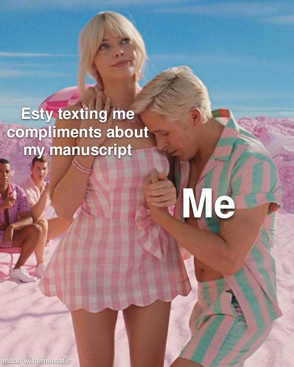 Barbie meme reading: "Esty sending me compliments about my manuscript" and "me" on Barbie and Ken, respectively