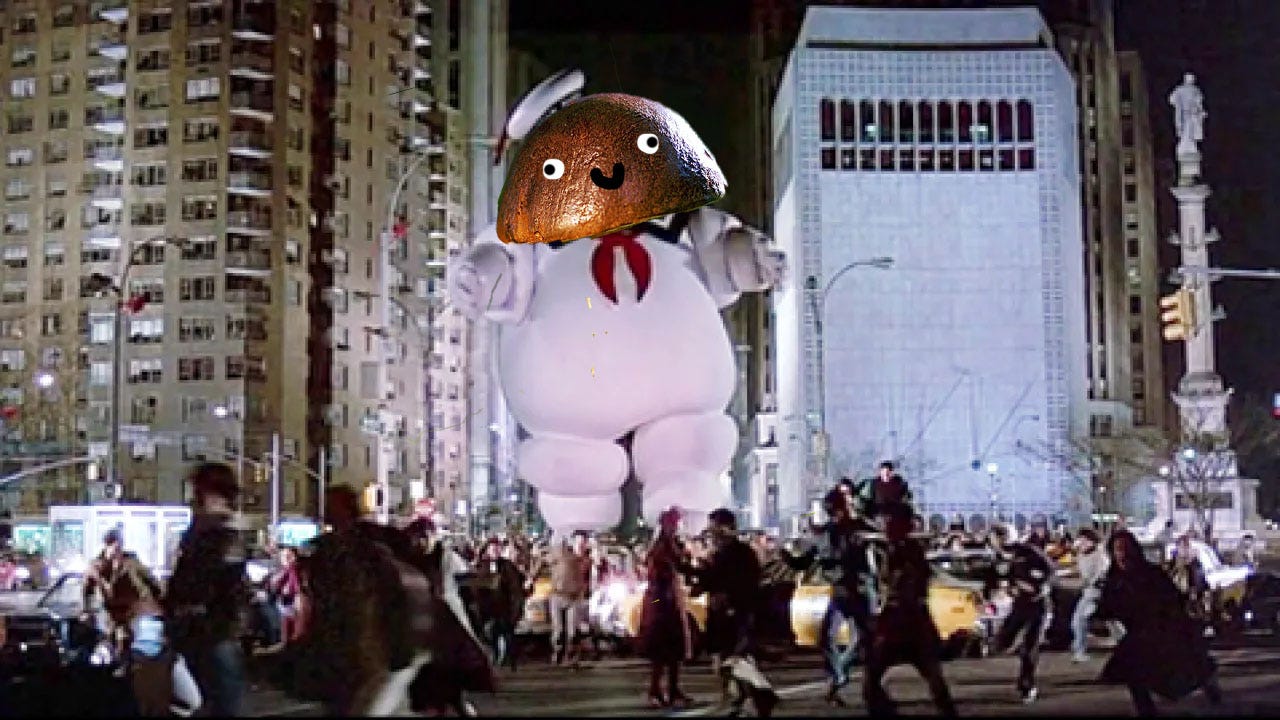 a photo shopped image of a mushroom head with google eyes on the stay puffed marshmallow man rampaging through new york