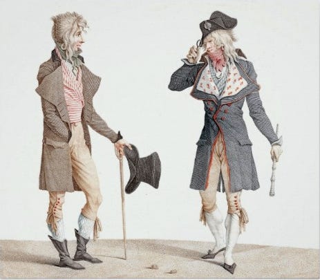 Painting Un Incroyable, by Carle Vernet, perhaps the first image of a top hat (1796)