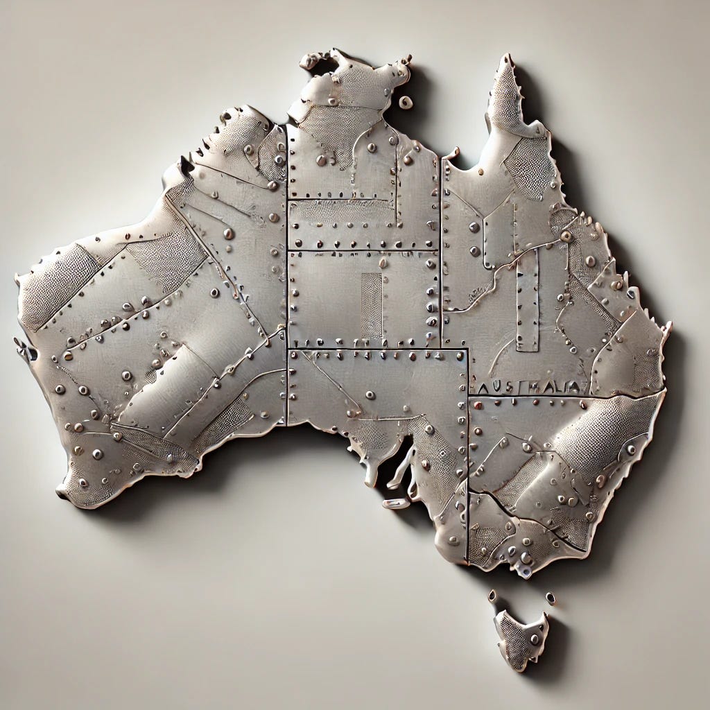 A highly detailed, realistic map of Australia made entirely of steel. The surface has a brushed metal texture with rivets, panels, and seams giving it an industrial look. The coastline is sharply defined, and the entire shape glistens with a metallic shine. The background is simple and neutral to emphasize the steel map. No text, no extra objects. Artistic, polished, and modern design.