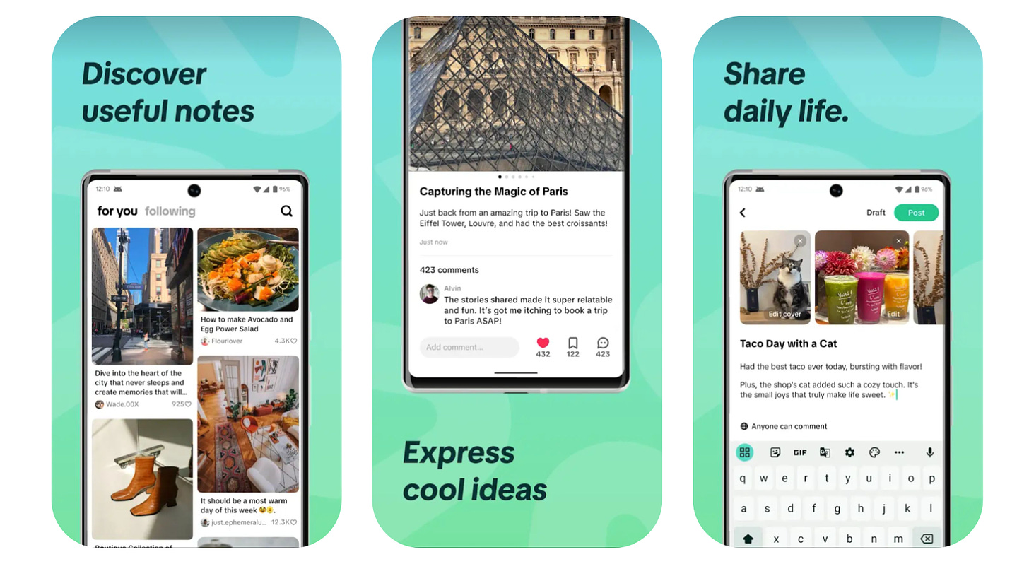 Screenshots of TikTok Notes in the App Store. Screen shows three mobile apps with the words: Discover useful notes. Express cool ideas. Share daily life.
