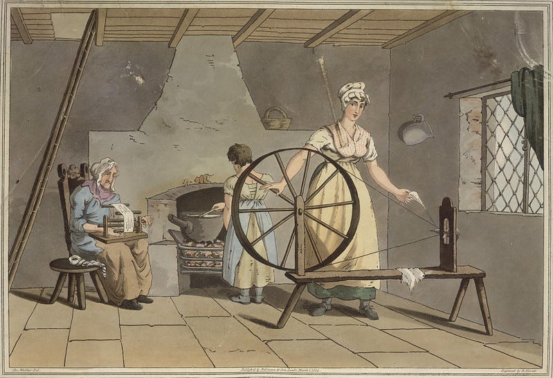 A woman spinning and carding wool.  Image taken from The costume of Yorkshire illustrated by a series of forty Engravings, being facsimiles of original drawings, with descriptions in English and French.  Originally published/produced in London, 1814.