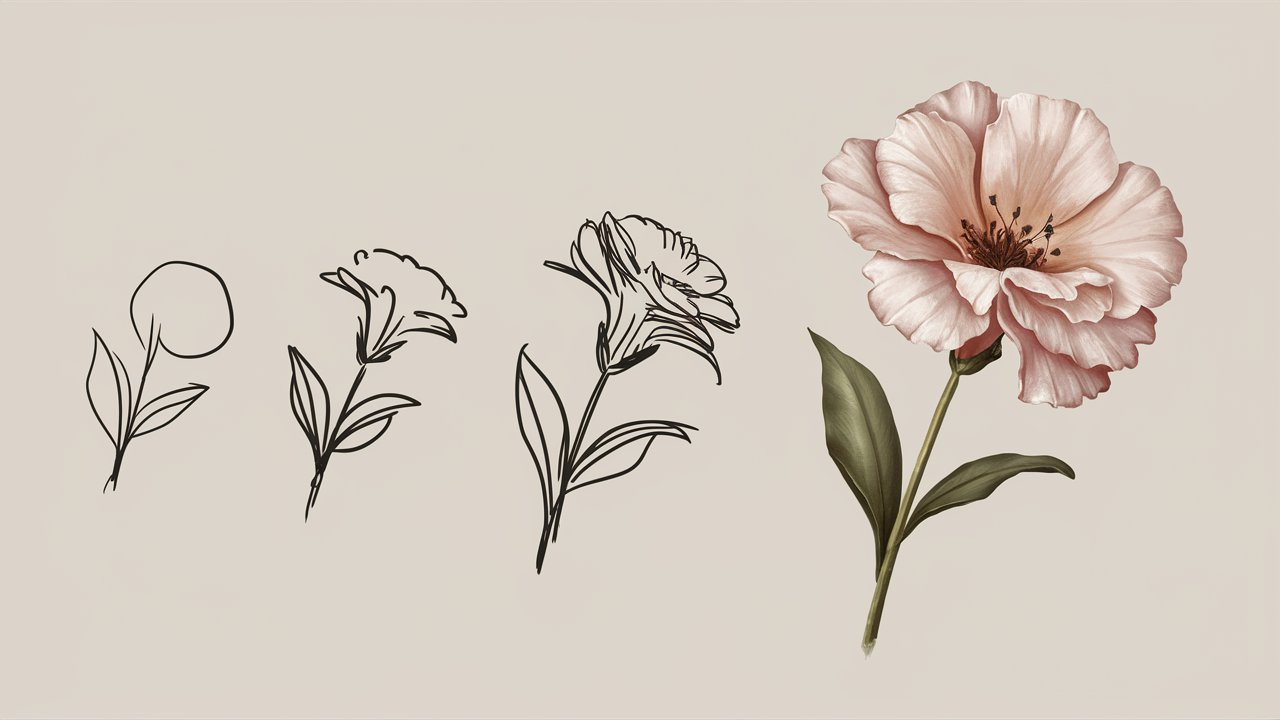 Successive sketches of a flower with increasing levels of detail.