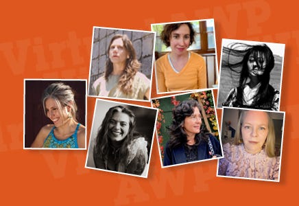 A collage of all seven participants' headshots against an orange background. 