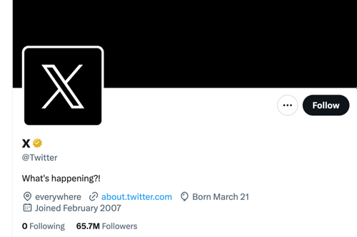 A screen capture of Twitter's official page with an "X" on the profile image is seen on July 24, 2023 in this screengrab obtained from a social media website via Al Jazeera