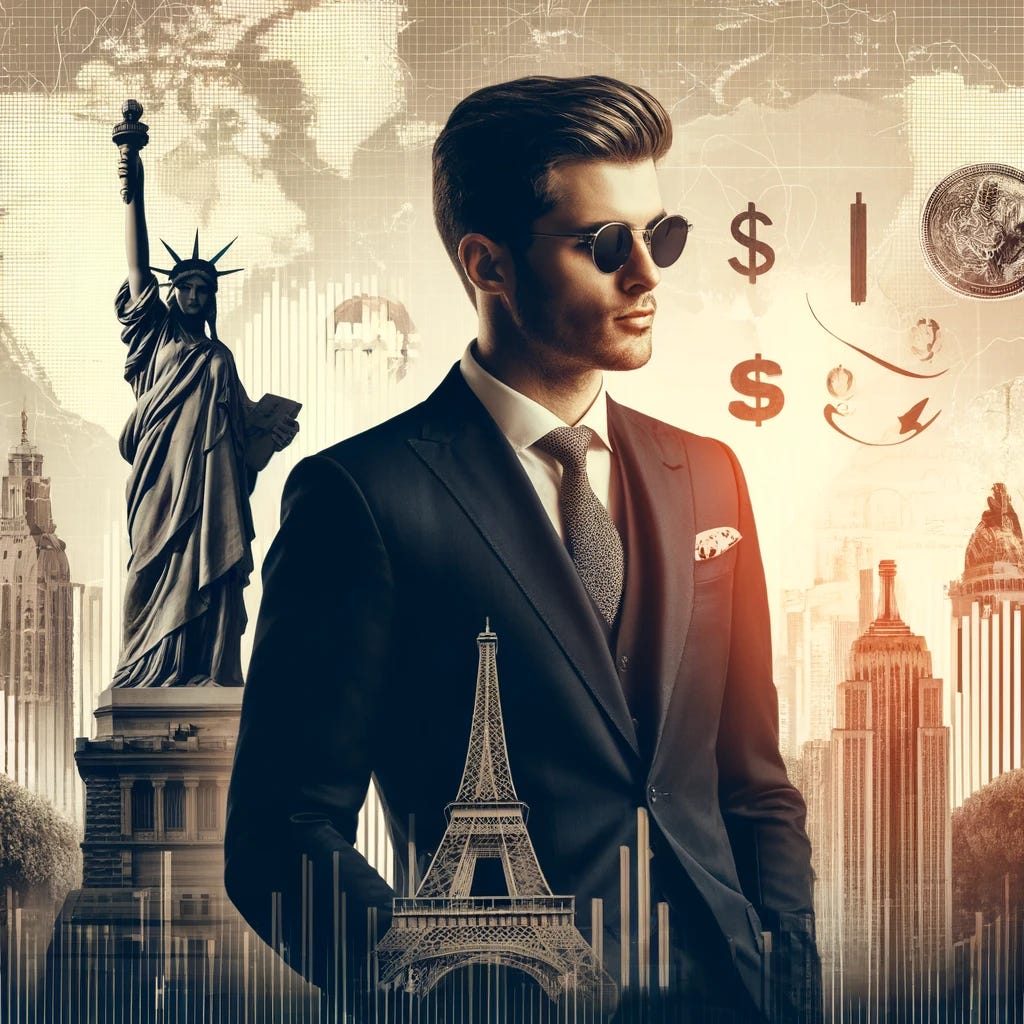A stylish man in a suit with sunglasses standing against a backdrop of global landmarks such as the Eiffel Tower, Statue of Liberty, and skyscrapers. The background features financial symbols like dollar signs, euro signs, and graphs, representing global finance and trading. The scene has a modern and sophisticated look with an overlay of world maps and abstract financial elements.
