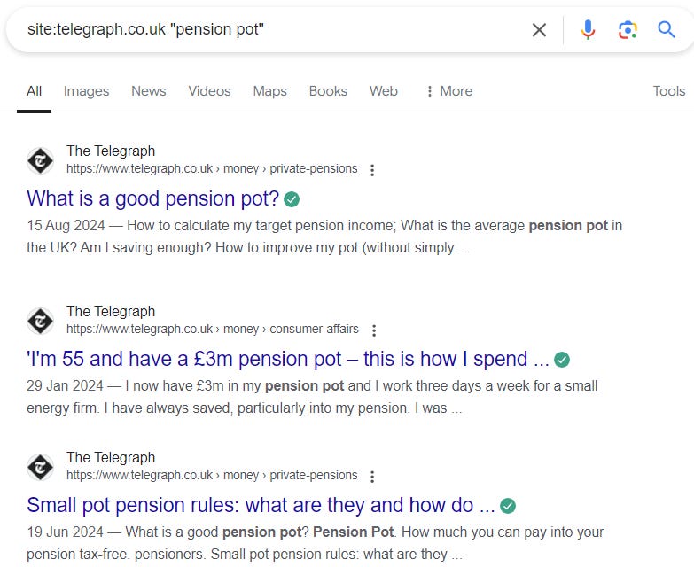 A Google search of site:telegraph.co.uk "pension pot"