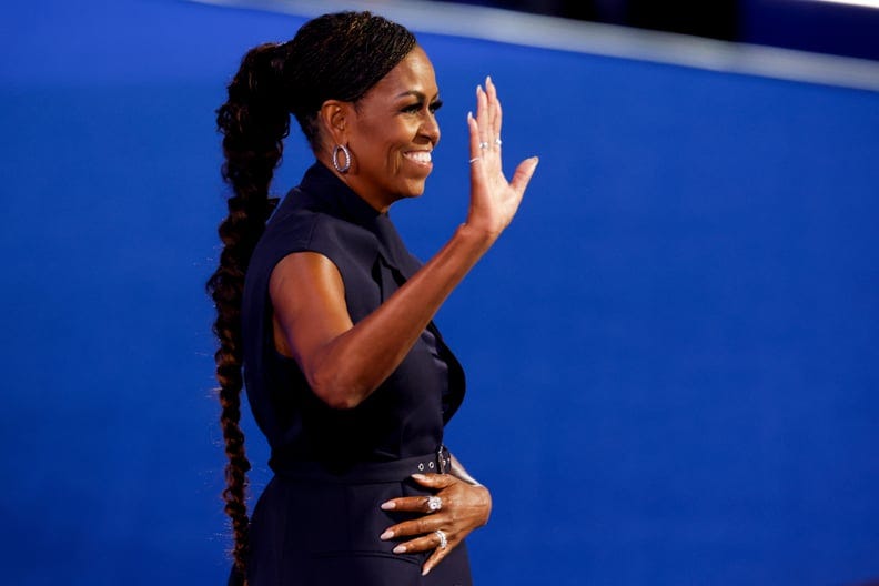 Former First Lady Michelle Obama's braids at the 2024 Democratic National Convention in Chicago.