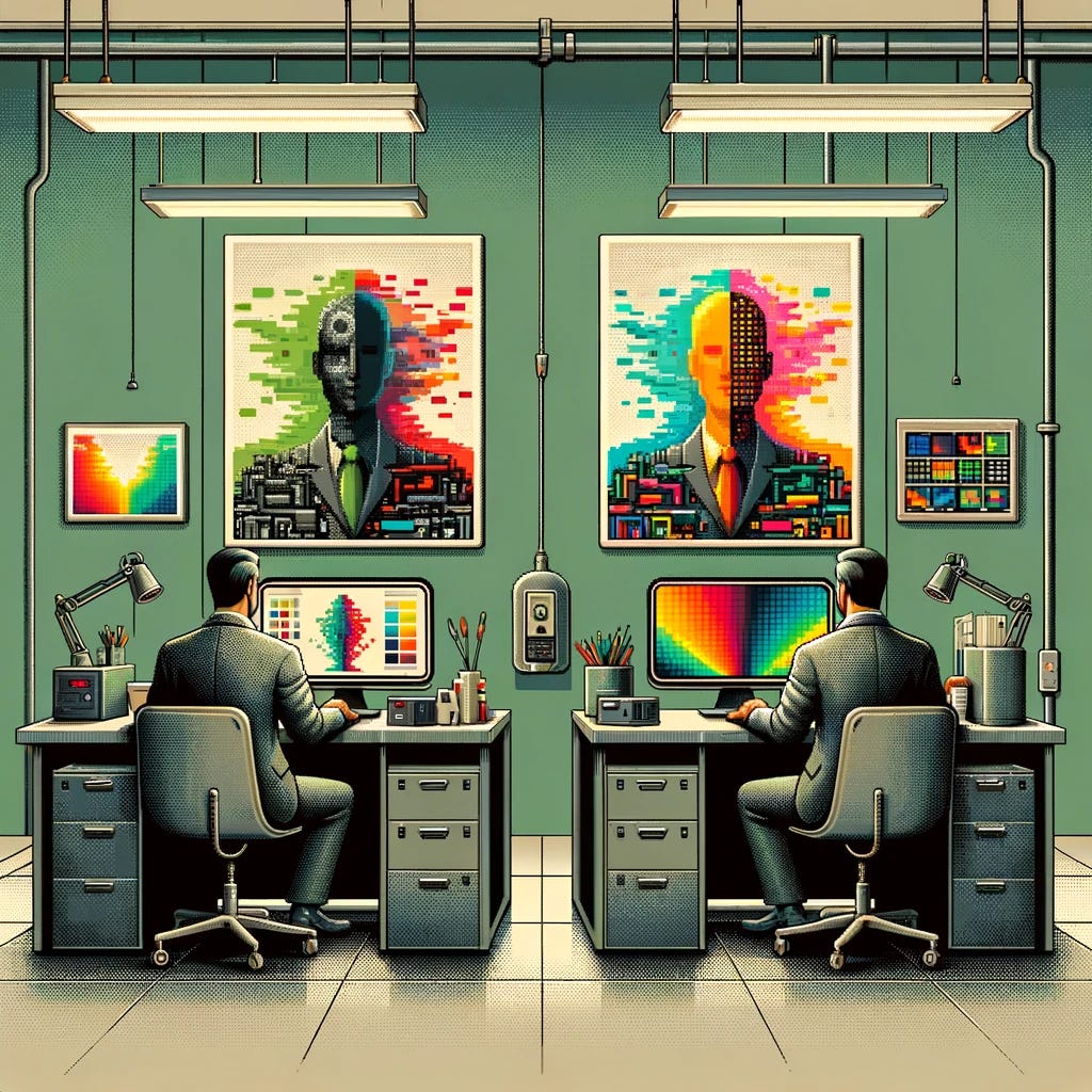An illustration reflecting the article 'The Creative Paradox: How Agencies Are Navigating Generative AI's Dual Role as Partner and Potential Replacement'. The image shows a muted sage green office space where vintage mid-century design meets pixel art. Two figures are present: one a grayscale male in a dark gray suit, representing the traditional creative agency member, the other a vibrant array of pixelated colors, embodying generative AI. They sit at dark gray desks, equipped with vintage computers that display an amalgamation of classic design and pixelated art, symbolizing the merging of human creativity and AI capabilities. The environment suggests a harmonious but complex partnership, filled with both cooperation and underlying tension about the future roles in the creative industry.