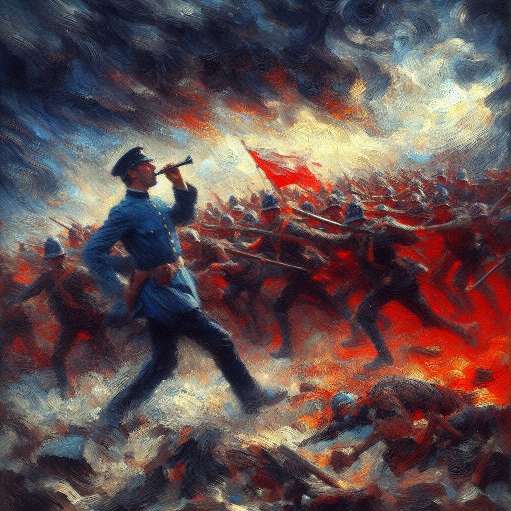 A whirlwind battle scene, mostly in red and black, with a brave policeman in blue and white striding into the midst of it blowing a whistle to restore order, under a turbulent sky. In impressionist style