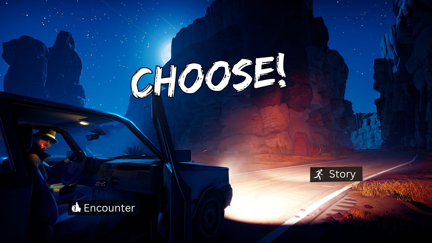 Screenshot from Road 96 with an open car door and open road each with the labels "encounter" and "story" respectively. The heading reads, "choose!"