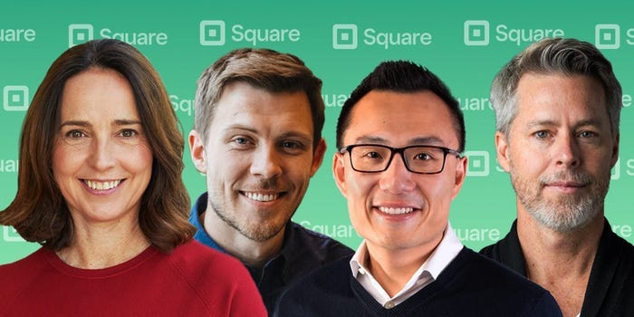 Sarah Friar, Max Rhoades, Tony Xu, Spencer Kimball on green background with square logos