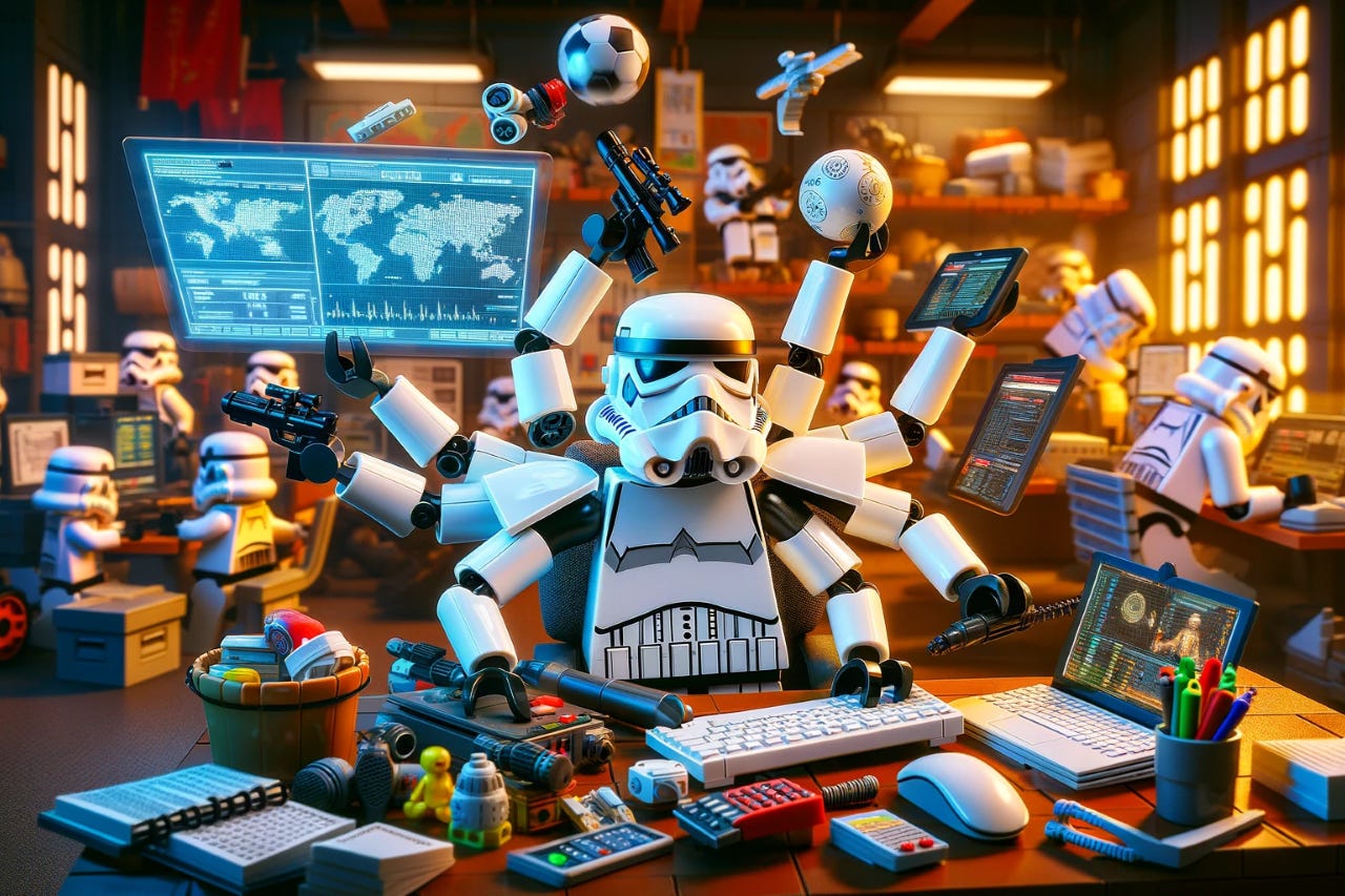 Lego Stormtrooper juggling various tasks in a hectic office environment