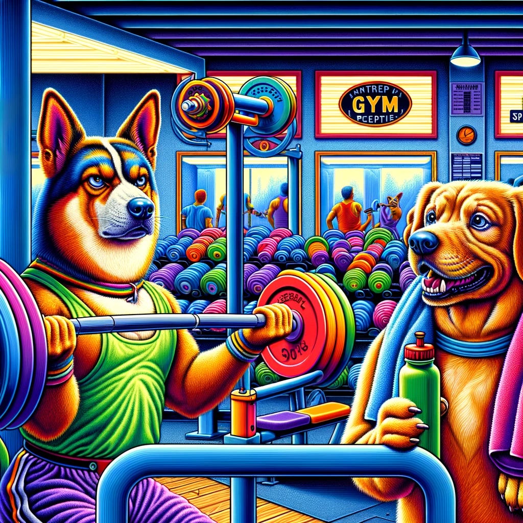 Reimagine the humorous gym scene with two dogs in vivid color. Dog 1 is intensely focused on lifting weights, its facial expression a blend of determination and mild annoyance, as it grapples with a colorful barbell. Dog 2, standing close by, is not lifting weights but is enthusiastically engaging in conversation, holding a bright water bottle and with a vibrant towel over its shoulder. The gym is lively and detailed, filled with colorful workout equipment and reflecting a dynamic atmosphere. This scene emphasizes the contrast between Dog 1's serious workout demeanor and Dog 2's cheerful socializing, all depicted in rich, lively colors to enhance the visual humor and character expressions.