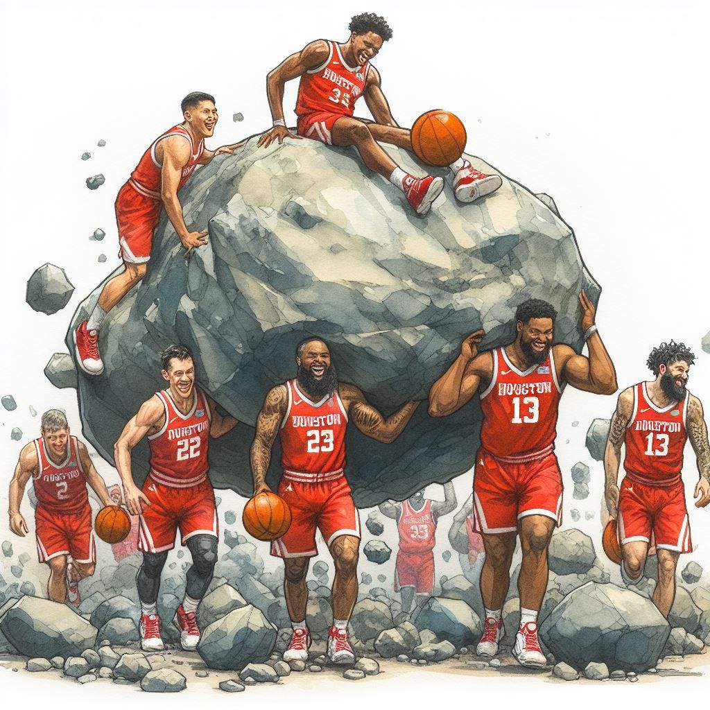 The Houston Cougars basketball team all carrying giant boulders on their backs and laughing, watercolor