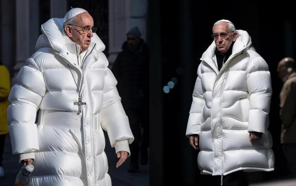 Ritratto fittizio di Papa Francesco con piumino bianco, generato da Pablo Xavier con l'IA Ritratto fittizio di Papa Francesco con piumino bianco, generato da Pablo Xavier con l'IA